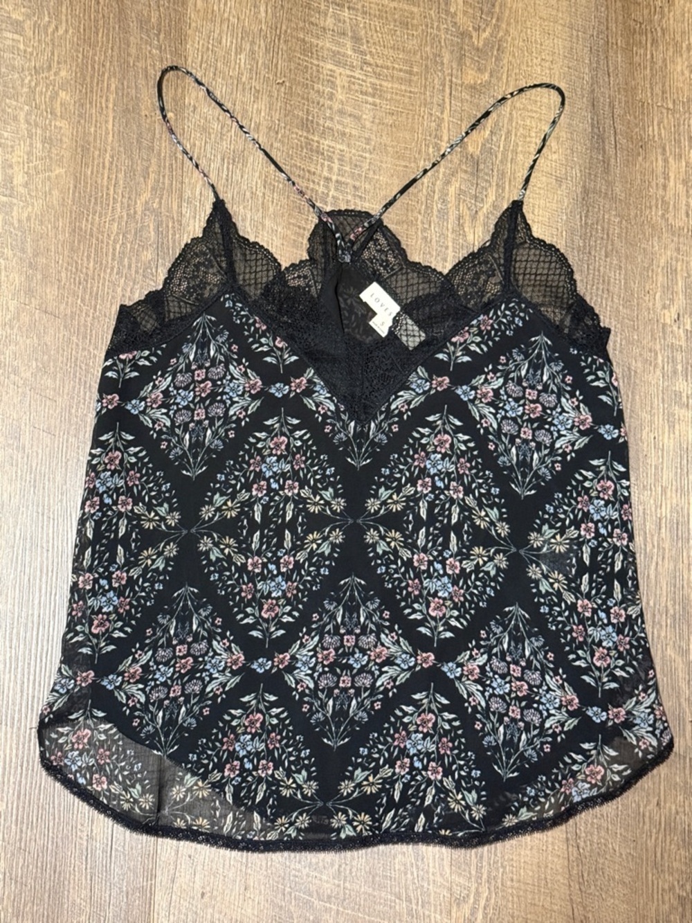 Lovestitch Women’s Floral Lace-Trim Black Cami Spaghetti Strap Tank Top Size S